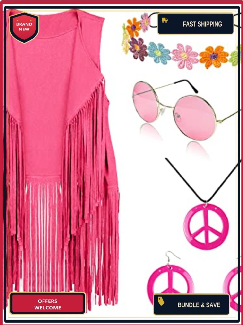 Faux Suede Fringe Vest 70s Hippie Costume Set Peace Earrings Headband
